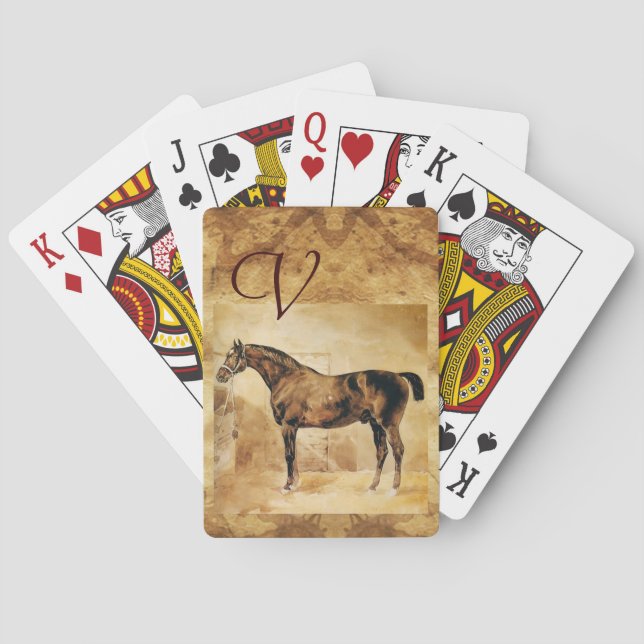 ENGLISH HORSE IN STABLE Parchment Monogram  Poker Cards (Back)