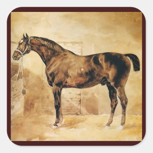 ENGLISH HORSE IN STABLE Parchment Monogram Square Sticker