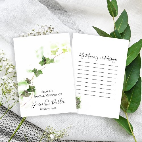 English Ivy Vine Watercolor Share Memory Funeral  Note Card