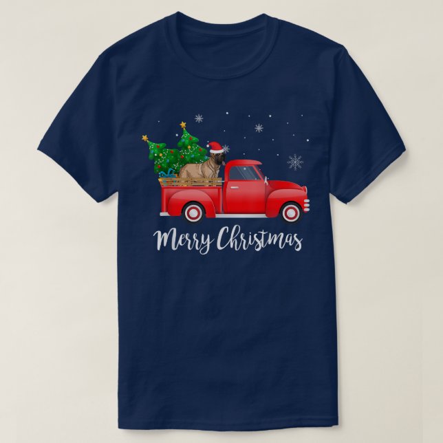 English Mastiff Dog Riding Red Truck Christmas  T-Shirt (Design Front)