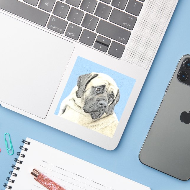 English Mastiff (Fawn) Painting - Original Dog Art Sticker (Laptop w/ iPhone)