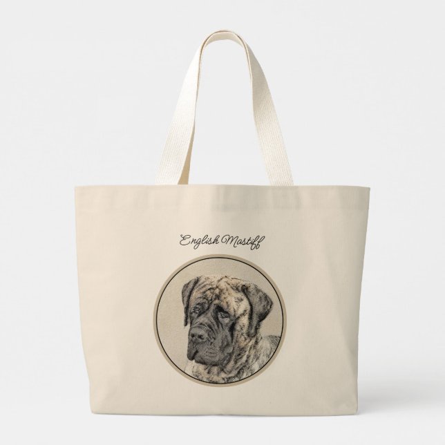 English Mastiff Painting Brindle Original Dog Art Large Tote Bag (Back)