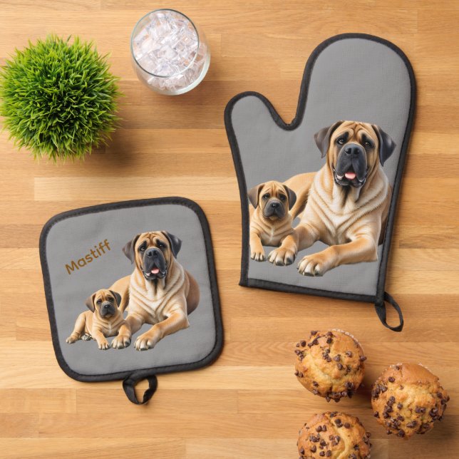 English Mastiff with child on vacation Oven Mitt & Pot Holder Set (Top Down)