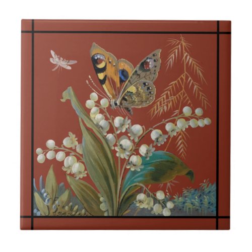 English Minton Hollins Handpainted Butterfly Repro Ceramic Tile