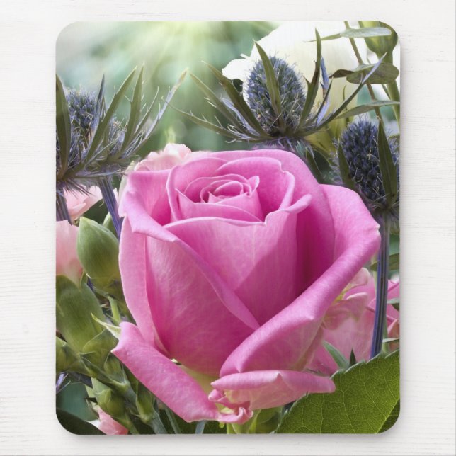 English pink rose close up in garden with sun mouse pad (Front)
