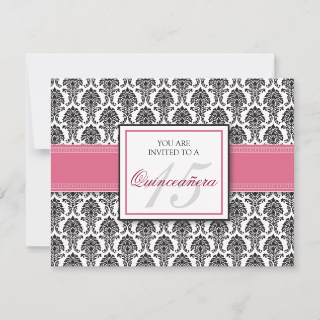 ENGLISH Pink Rose Damask Quinceanera Invitation (Front)