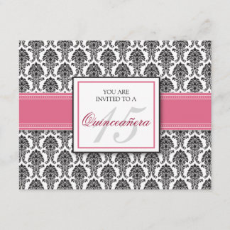 ENGLISH Pink Rose Damask Quinceanera Invitation