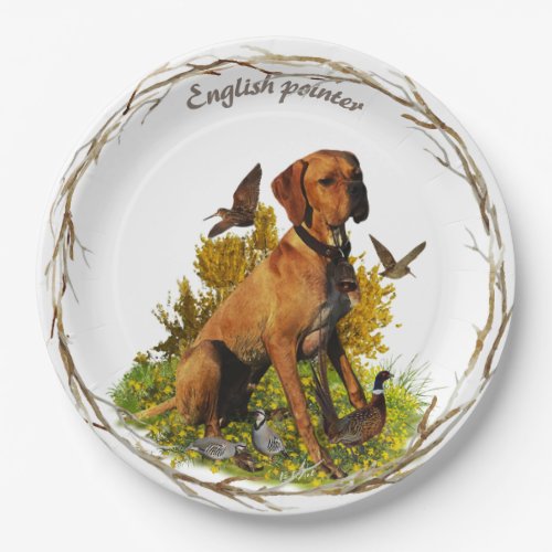 English pointer bird hunting  paper plates