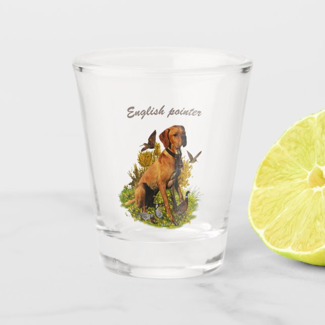 English pointer, bird hunting  shot glass (Front)
