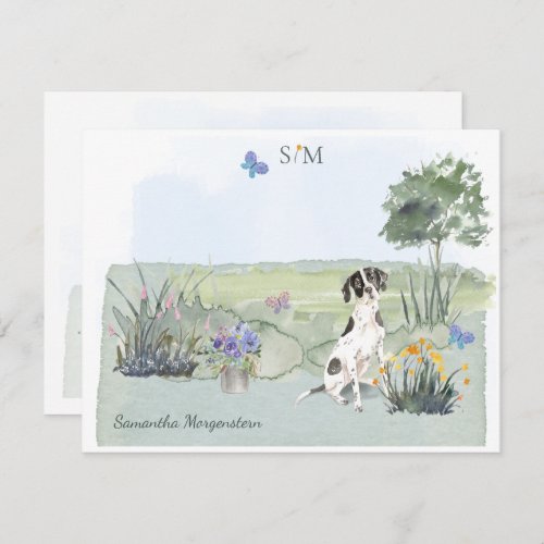 English Pointer Dog Butterfly Monogram and Name  Note Card