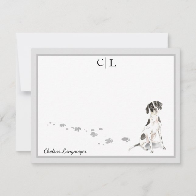 English Pointer Dog Gray Border Monogram & Name Note Card (Front)