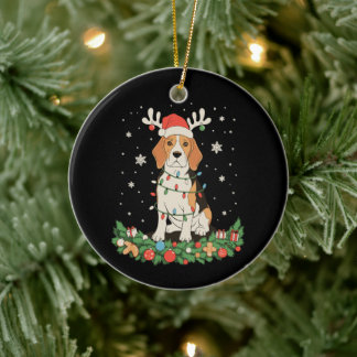 English Pointer Dog Reindeer Hat Christmas Lights Ceramic Ornament