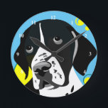 English Pointer Dog Round Clock<br><div class="desc">Dog lover clocks featuring Black and white English pointer on a blue background with color that can be customized</div>