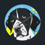 English Pointer Dog Round Clock<br><div class="desc">Dog lover clocks featuring Black and white English pointer on a blue background with color that can be customized</div>