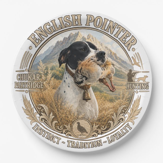 English Pointer Hunting ,Chukar partridge Paper Plates (Front)