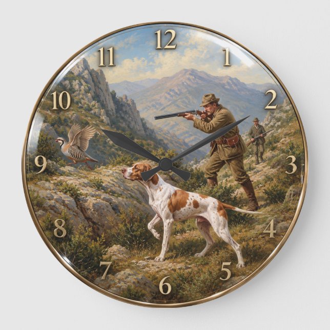 English Pointer, Partridge Hunting  Large Clock (Front)