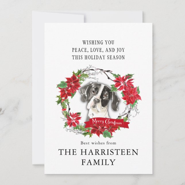 English Pointer Watercolor Poinsettia Christmas Holiday Card (Front)