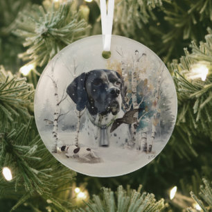 English Pointer , Woodcock Hunting Season , Art Glass Ornament