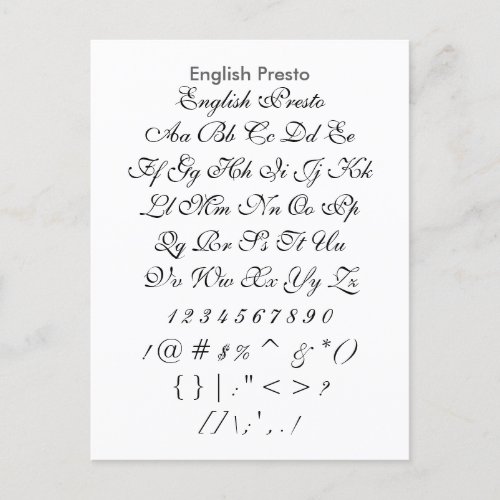 English Presto _ Zazzle Font Sampler Sheet Postcard