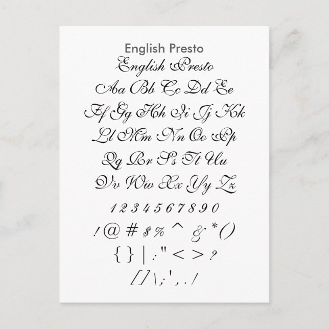 English Presto - Zazzle Font Sampler Sheet Postcard (Front)