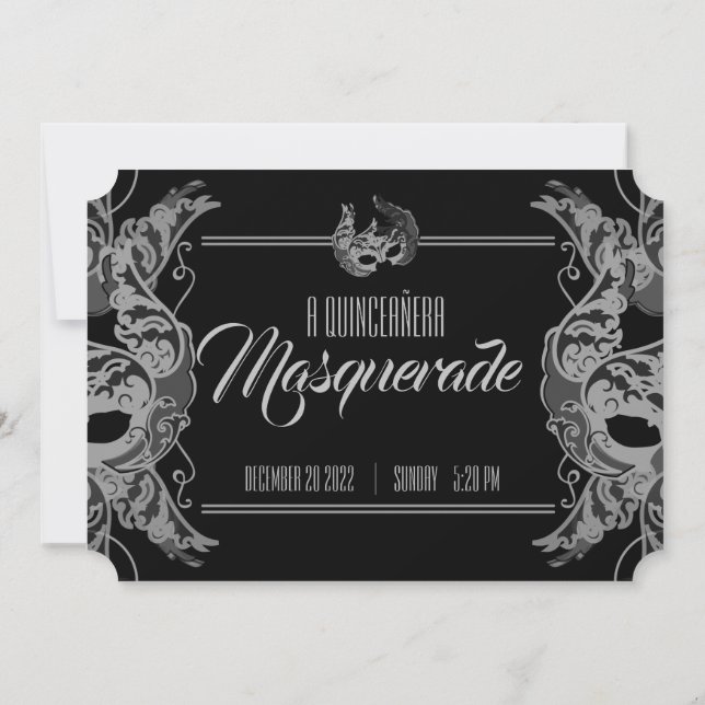 ENGLISH quinceañera MASQUERADE black white ticket Invitation (Back)