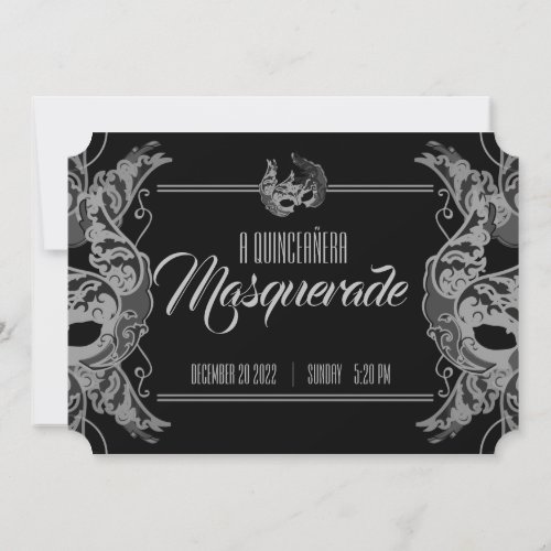 ENGLISH quinceaera MASQUERADE black white ticket Invitation