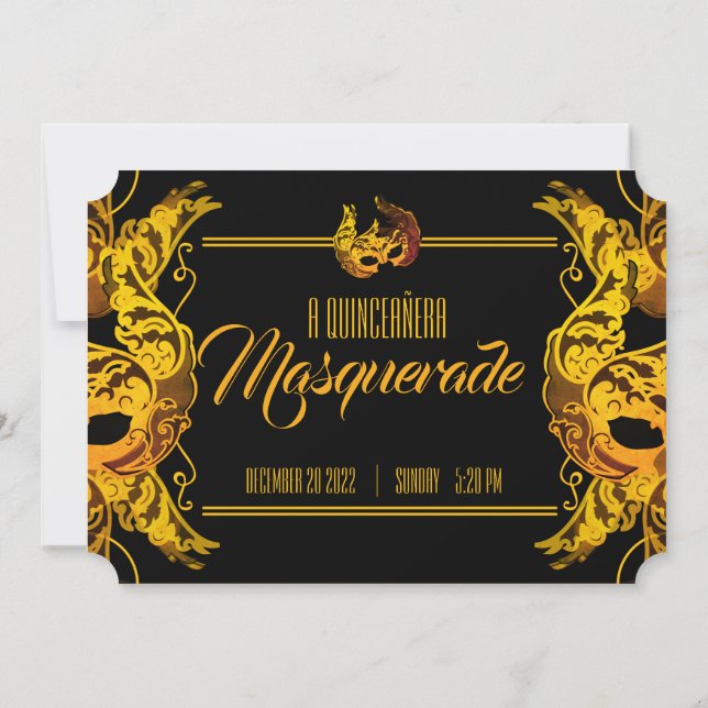 ENGLISH quinceañera MASQUERADE gold ticket Invitation (Back)