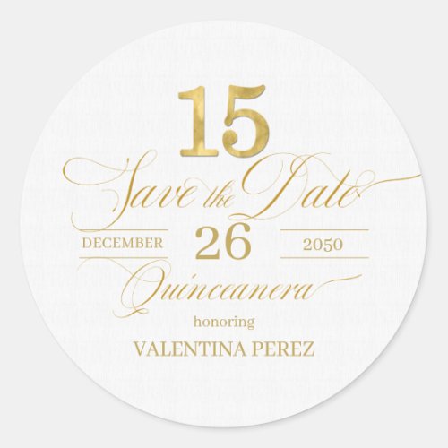 English Quinceanera Save the Date in Gold Classic Round Sticker