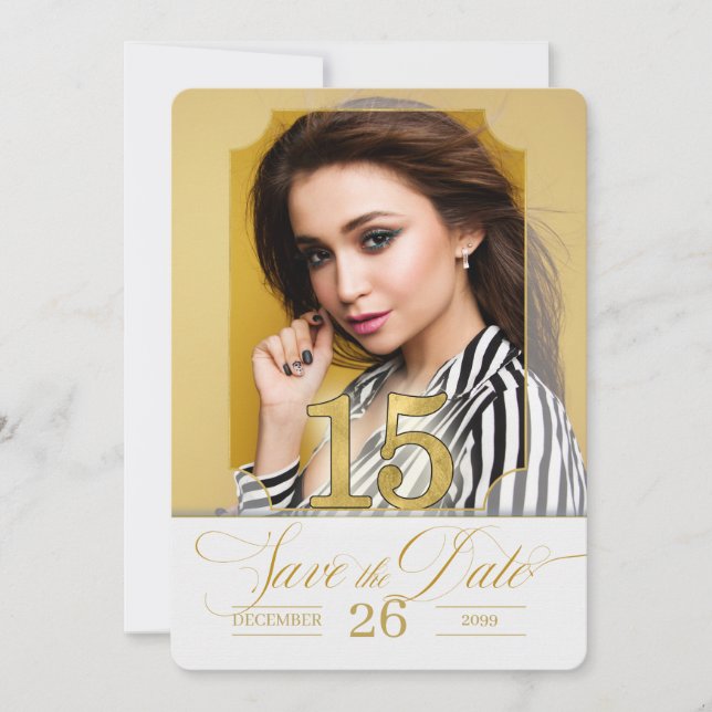 English Quinceanera Save the Date in Golden Hues (Front)