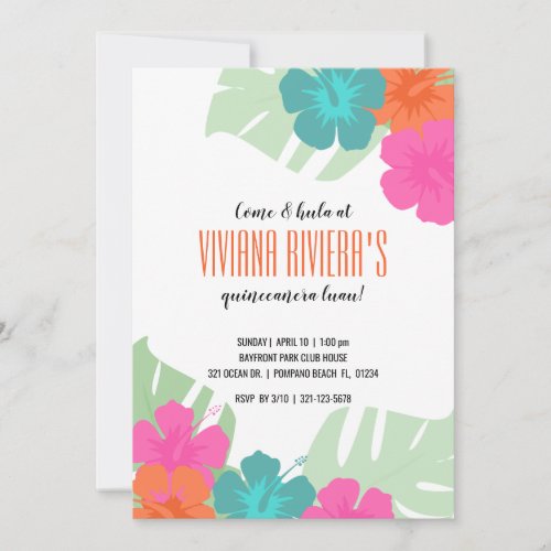 ENGLISH quinceaera TROPICAL LUAU bright floral Invitation