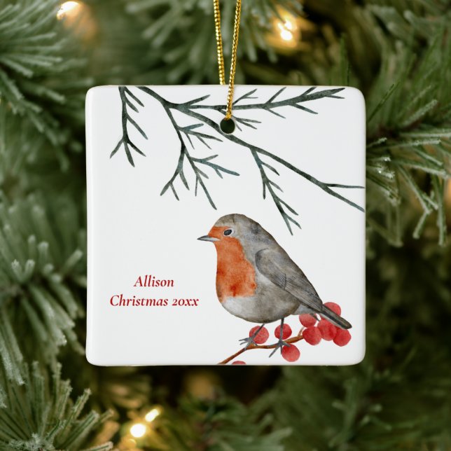 English Redbreast Robin Bird Holiday Christmas Ceramic Ornament (Tree)