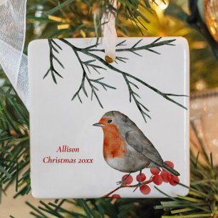 English Redbreast Robin Bird Holiday Christmas Ceramic Ornament
