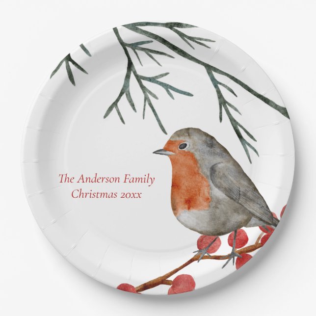 English Redbreast Robin Bird Holiday Christmas Paper Plates (Front)