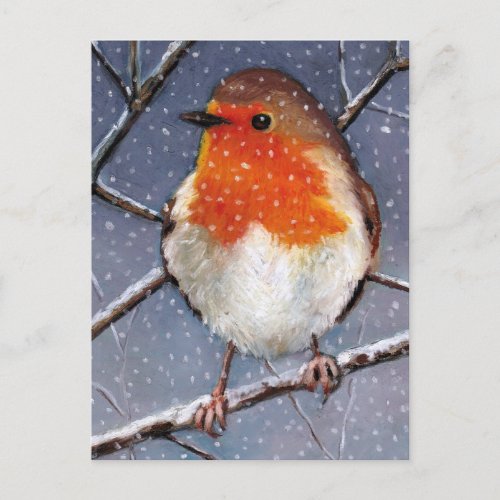 ENGLISH ROBIN IN SNOW OIL PASTEL ART POSTCARD