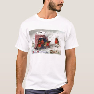 English Robins Beneath Flowerpot Vintage Christmas T-Shirt