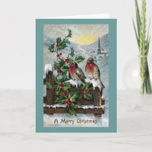 English Robins on a Fence Antique Christmas Holiday Card