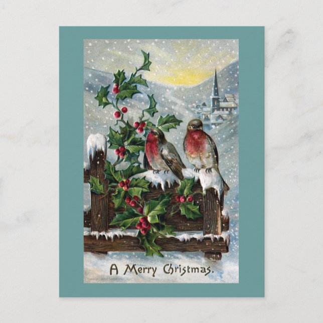 English Robins on a Fence Antique Christmas Holiday Postcard (Front)