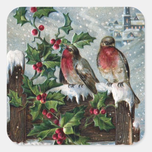 English Robins on a Fence Antique Christmas Square Sticker