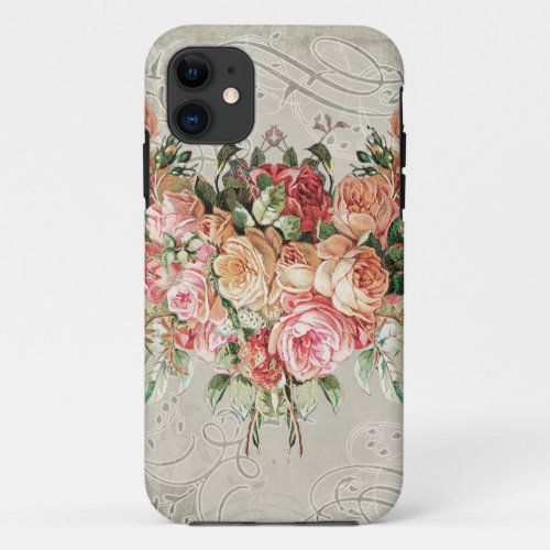 English Rose Bouquet Vintage n Modern Swirl Leaf iPhone 11 Case