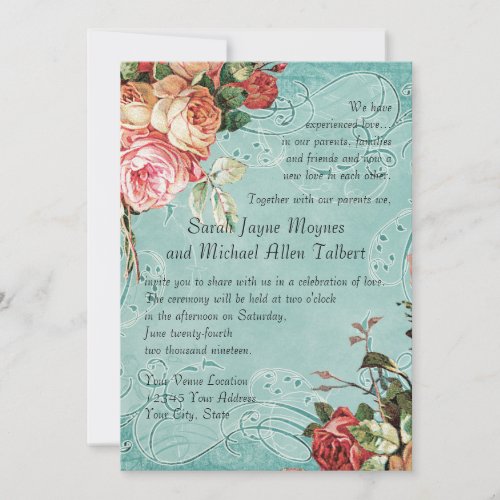 English Rose Bouquet Vintage n Modern Swirl Leaf Invitation