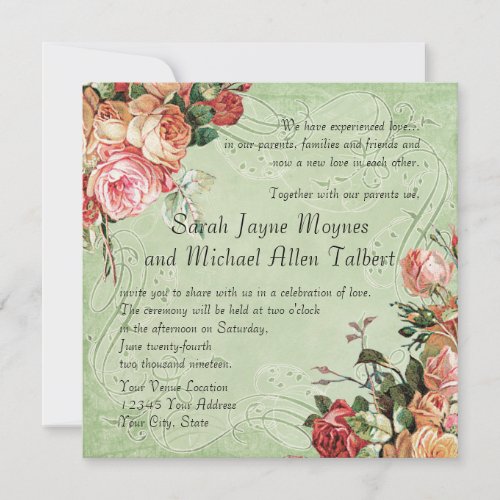 English Rose Bouquet Vintage n Modern Swirl Leaf Invitation