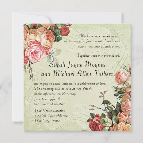 English Rose Bouquet Vintage n Modern Swirl Leaf Invitation