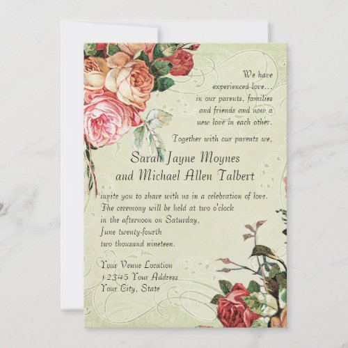 English Rose Bouquet Vintage n Modern Swirl Leaf Invitation