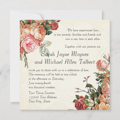 English Rose Bouquet Vintage n Modern Swirl Leaf Invitation