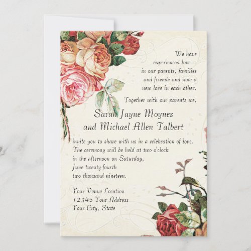 English Rose Bouquet Vintage n Modern Swirl Leaf Invitation