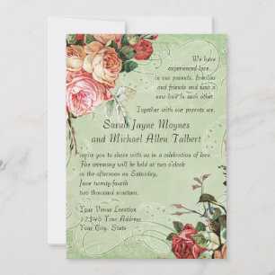 English Rose Bouquet, Vintage n Modern Swirl Leaf Invitation