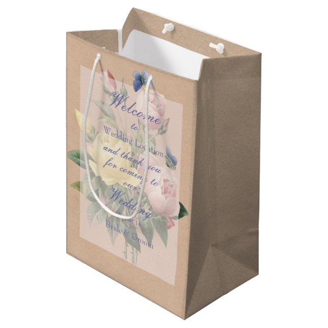 English Rose  Butterfly Garden Wedding Medium Gift Bag (Front Angled)
