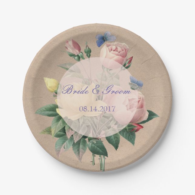 English Rose Butterfly Garden Wedding Paper Plates (Front)