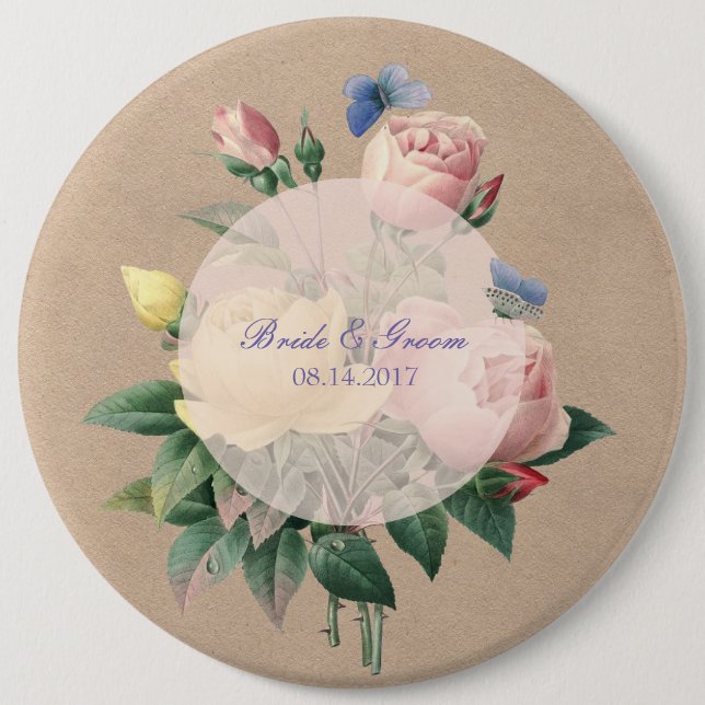 English Rose Butterfly Garden Wedding Pinback Button (Front)
