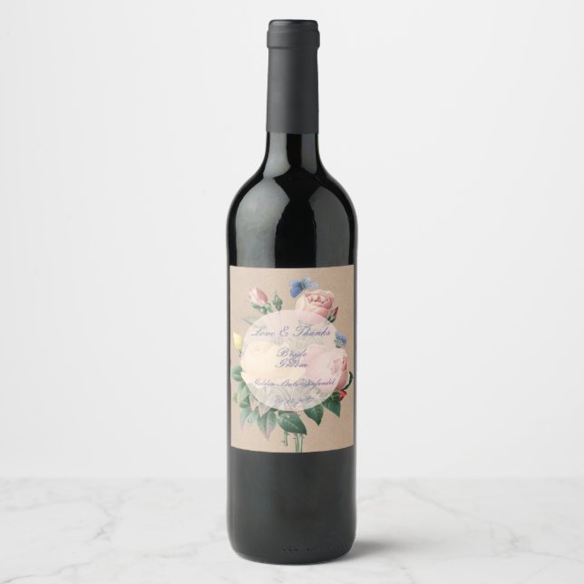 English Rose Butterfly Garden Wedding Wine Label (Front)
